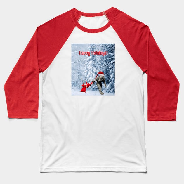 Happy Holidays Sasquatch & Santa Baseball T-Shirt by EmoteYourself